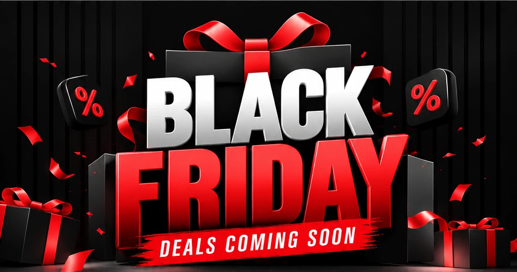 Black Friday deals coming soon, with red gift ribbon and bold 3D lettering