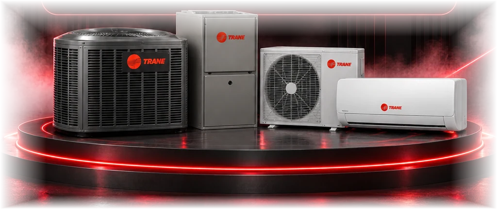 Trane heating and cooling equipment on a seamless red neon Black Friday stage